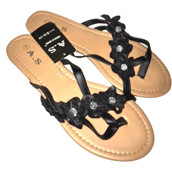 Bohemian Flower Sandals Slides Size 7 Black Rhinestone - Picture 1 of 3